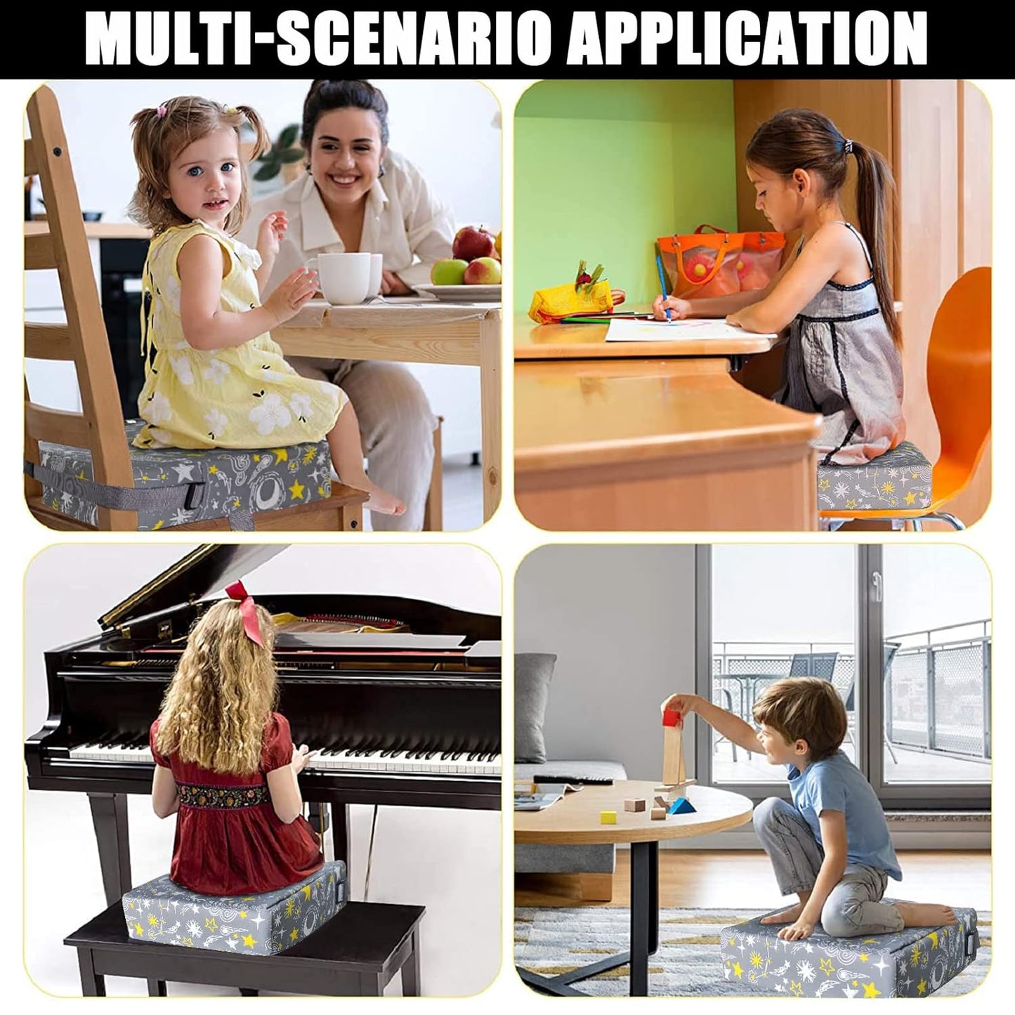 Taeku Booster Seat for Dining Table, Portable Kids Toddler Booster Chair Increasing Cushion Cartoon Seat Pad with 2 Safety Buckles for Kitchen Restaurant (Planet Grey)