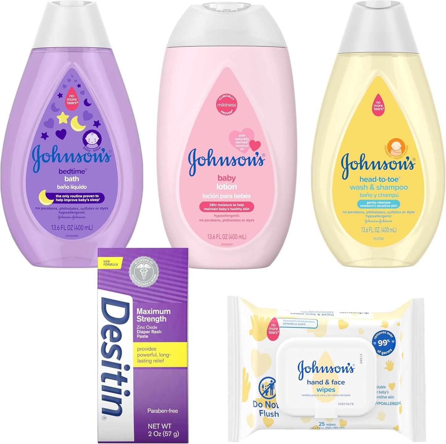 Johnson's Baby Here Comes Baby Gift Set, Baby Essentials for New Parents with Moisturizing Lotion, Bedtime Bath, Body Wash & Shampoo, Hand & Face Wipes, & Diaper Rash Cream, 5 Items