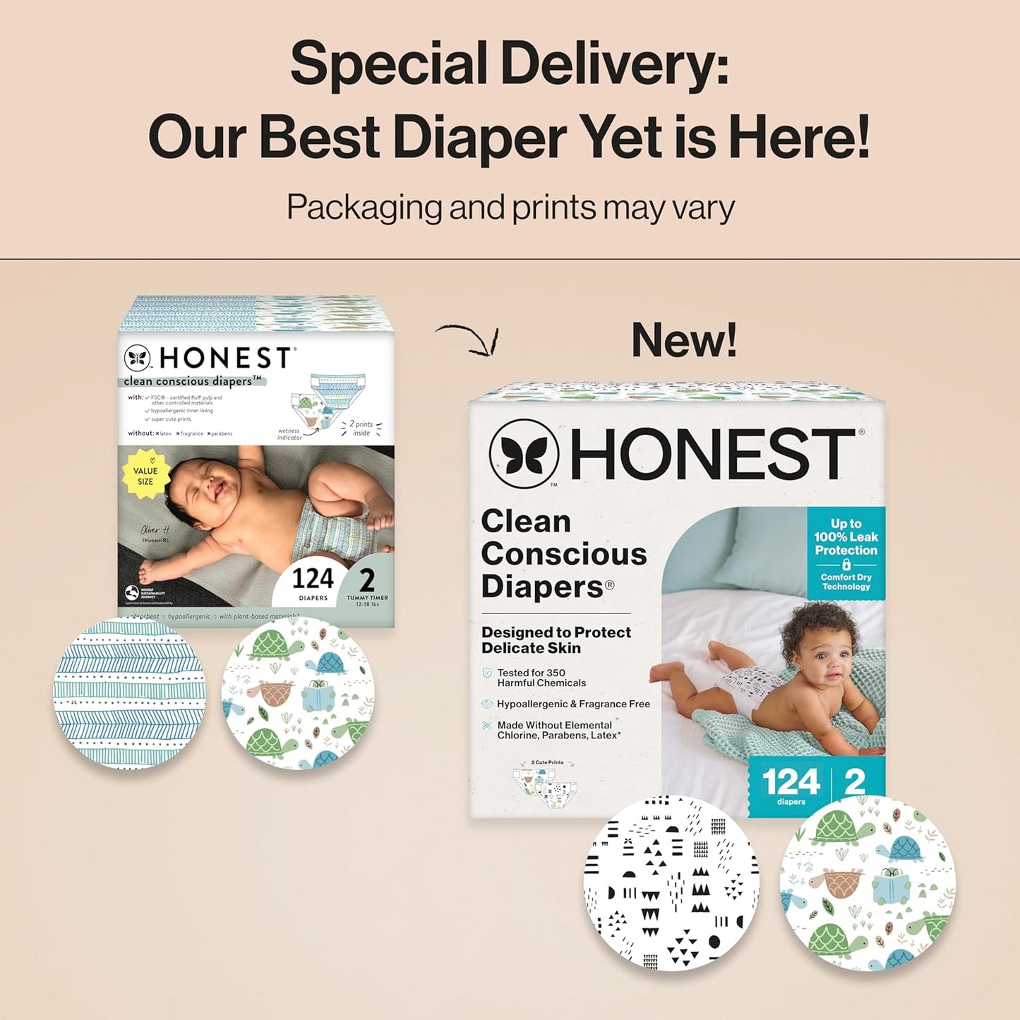 The Honest Company Clean Conscious Diapers for Sensitive Skin, Up to 100% Leakproof Hypoallergenic Fragrance-Free Baby Diapers, Gender Neutral Prints, Super Club Box, Size 2 (12–18 lbs), 124 Count