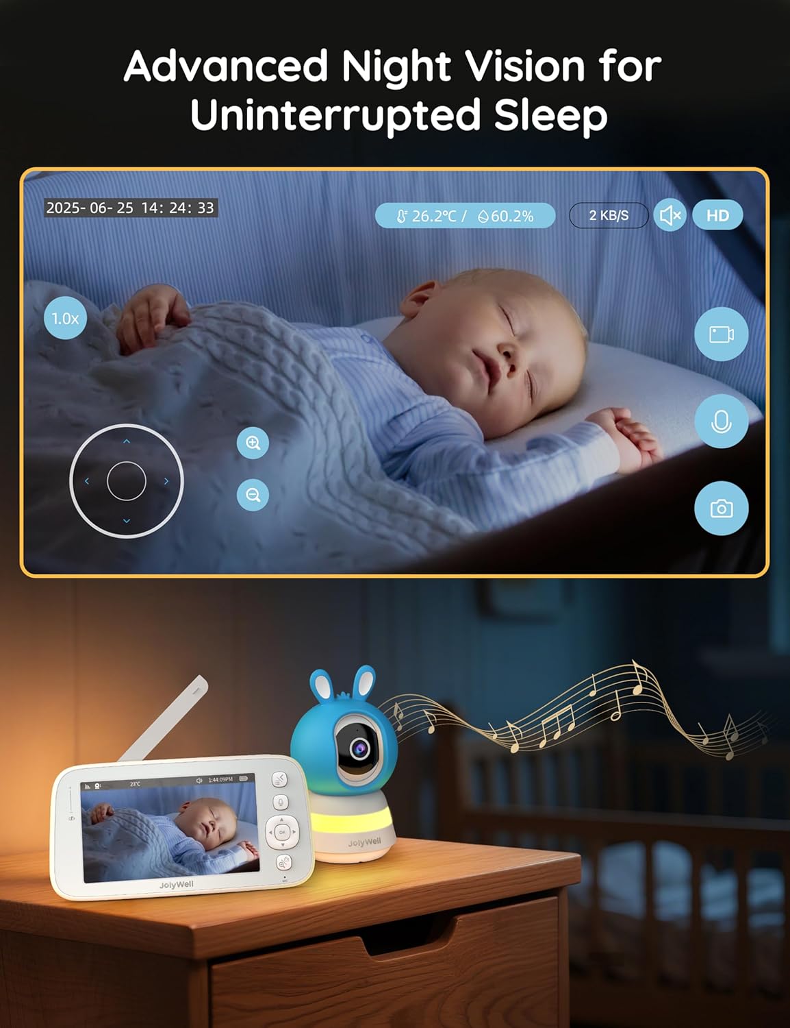 2K Baby Monitor with Camera and Audio, 5" Display Wifi Baby Monitor with App Control, Motion & Cry Detection, Night Vision, VOX, Real-Time Record, Temper Sensor, 2-Way Talk, RGB Night Light, Lullabies