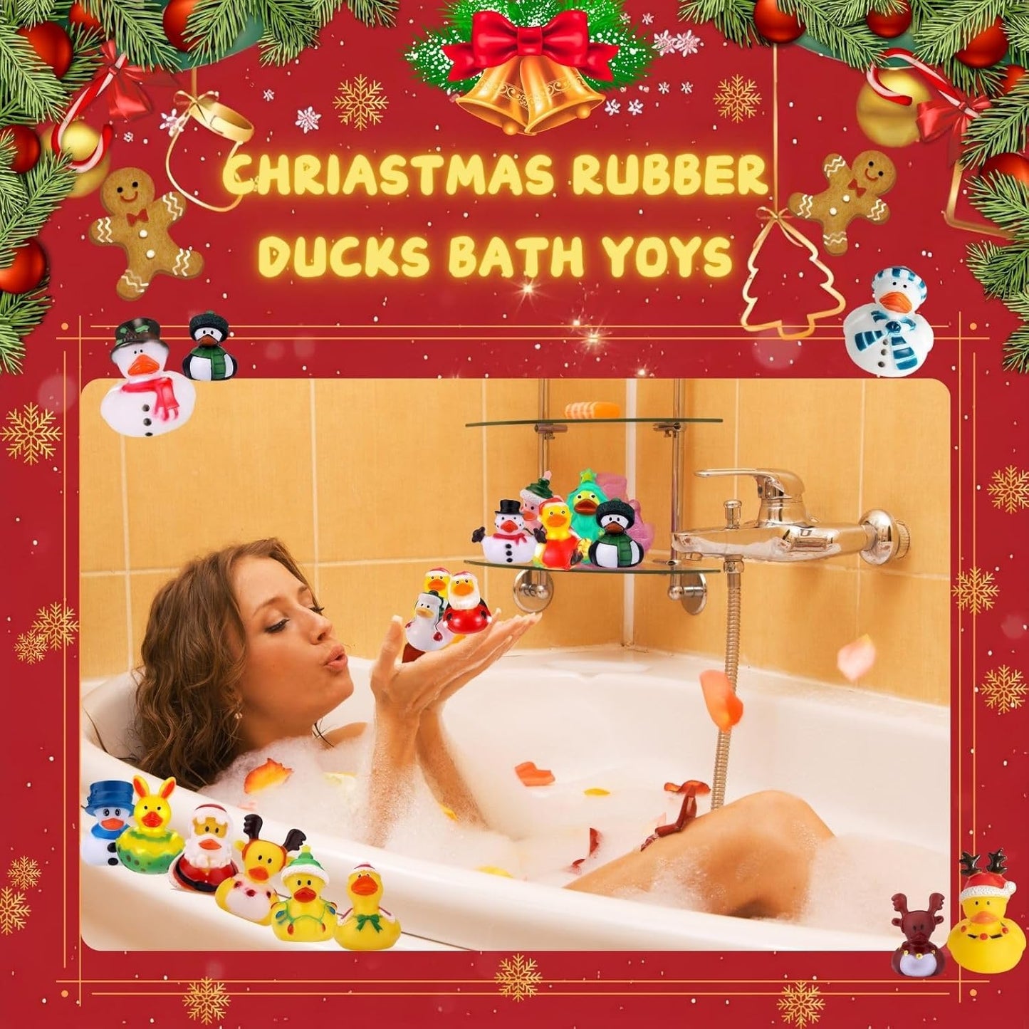 104Pcs Christmas Rubber Ducks in Bulk, Assortment Christmas Rubber Ducks for Jeeps,Xmas Theme Party Favors Decor Gifts for Christmas Stocking Stuffers,Shower Pool,Classroom Gift Exchange (104)