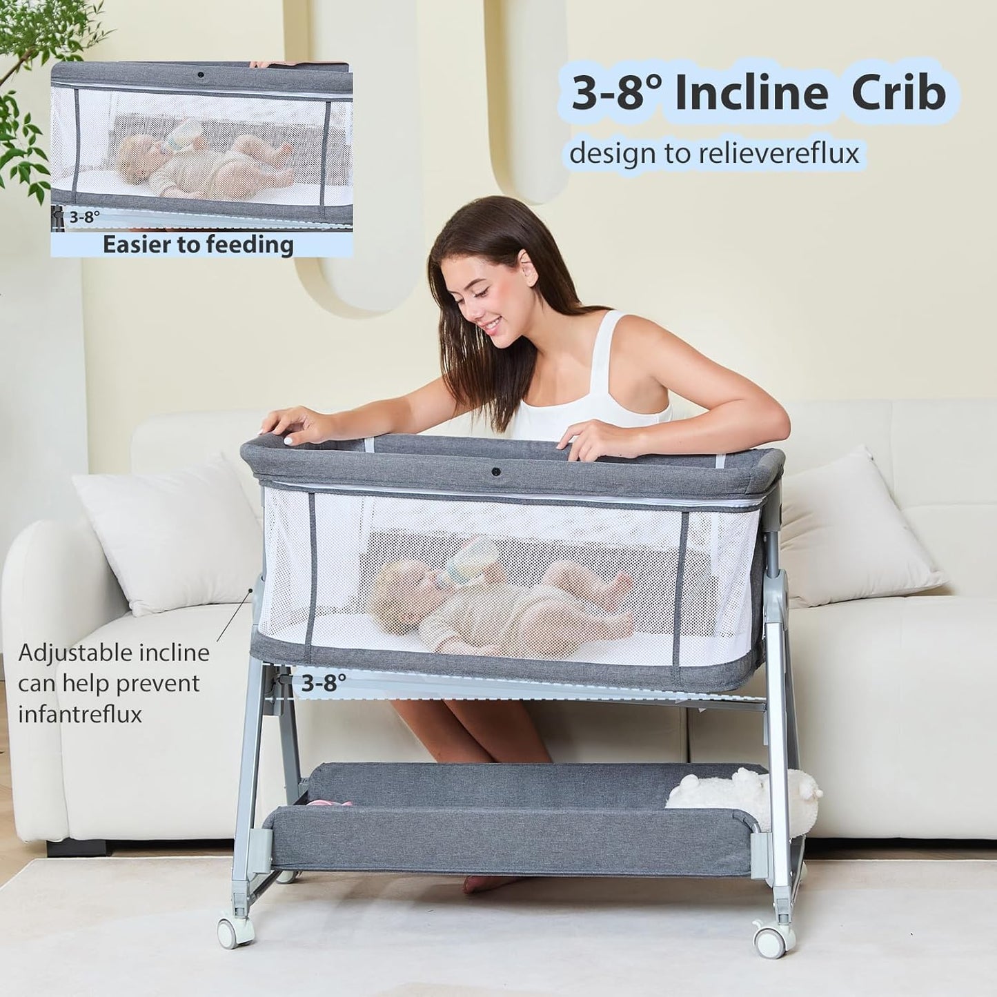 3-in-1 Baby Bassinet Bedside Sleeper with Wheels Bedside Bassinet for Newborn and Infant with Mattress and Storage Basket | Adjustable Height & Angle (13.5-18") | ASTM/CPSIA Certified (Grey)