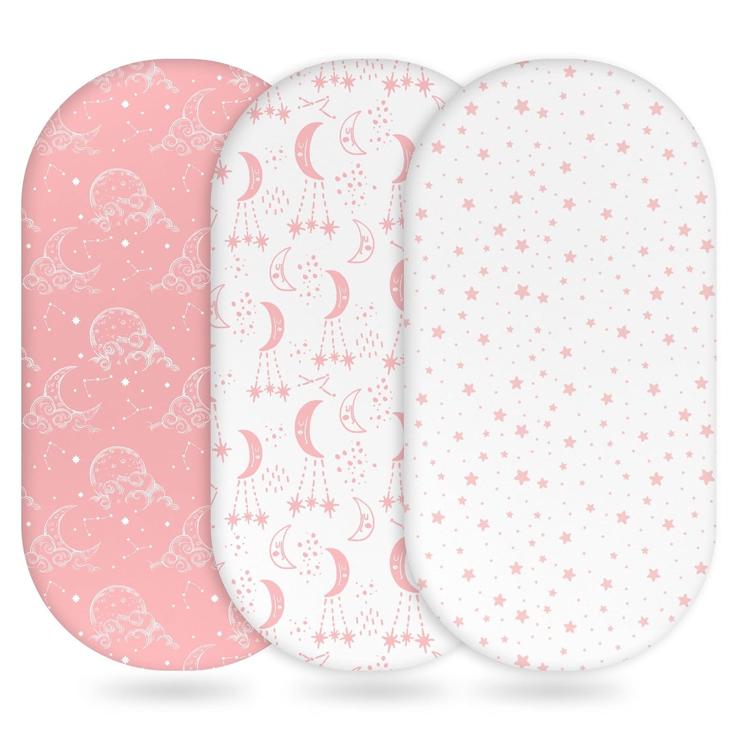 Baby Bassinet Sheets Girl Boy, Fitted Bassinet Sheet Set 3 Pack Bassinet Mattress Sheets Universal Fit for Rectangle, Round, Oval, Hourglass Mattress, Soft Breathable Pink White Moon