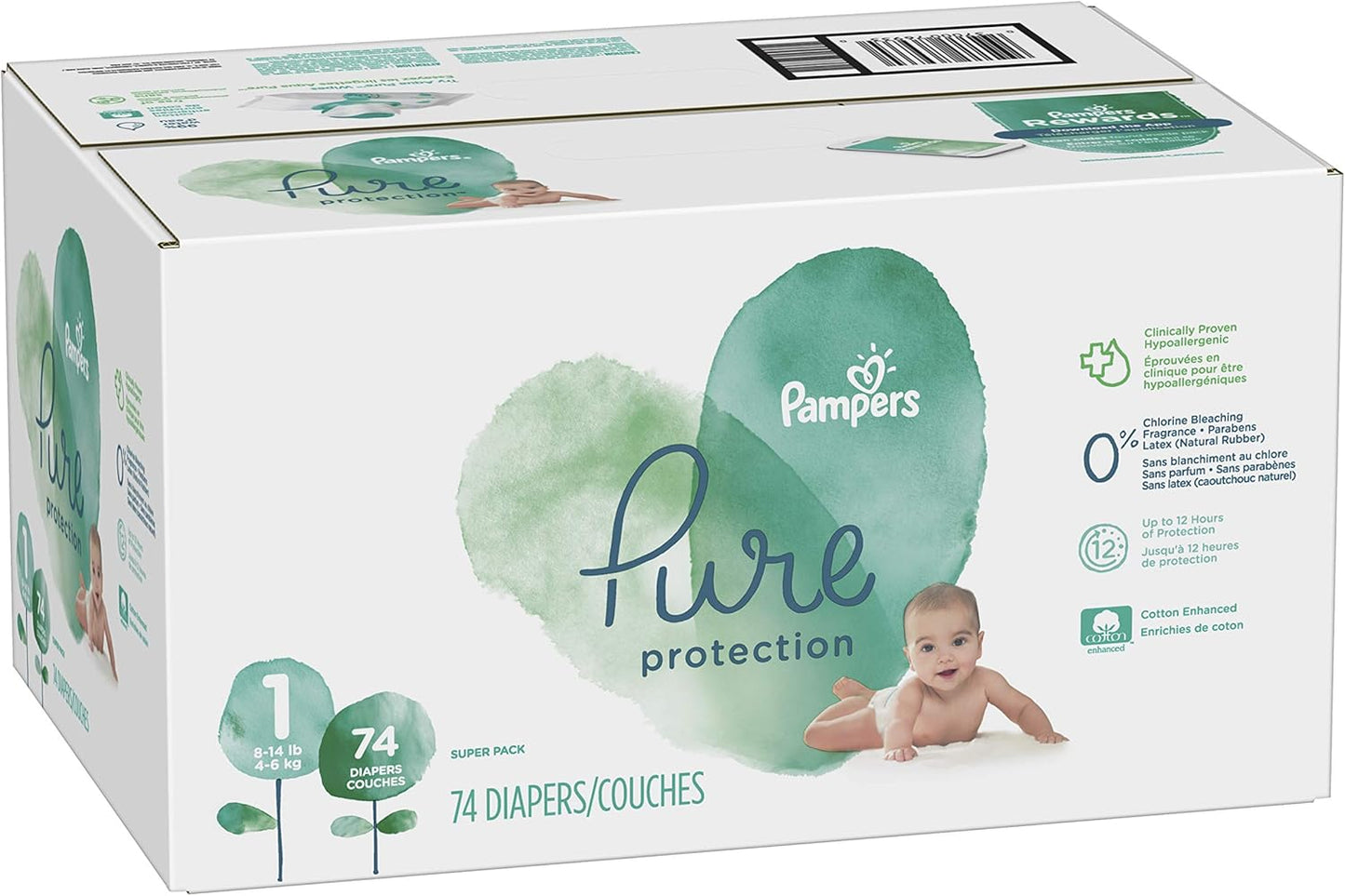 Pampers Diapers Newborn/Size 1 (8-14 lb), Pure Protection Disposable Baby Diapers, Hypoallergenic and Unscented Protection, Super Pack (Old Version), Size 1, 74 Count