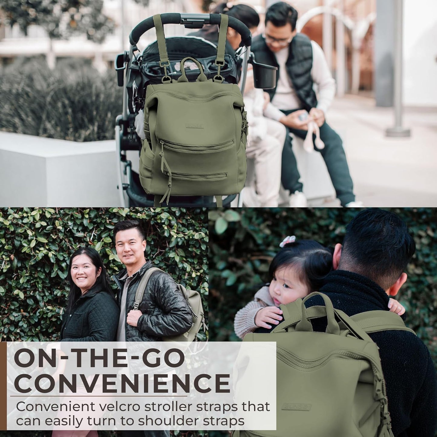 Neoprene Diaper Bag, Minimalist Backpack Diaper Bag with Pouch, Changing Pad, and Stroller Straps, Water Resistant and Lightweight Dad Diaper Bag, Diaper Bag Backpack - Olive