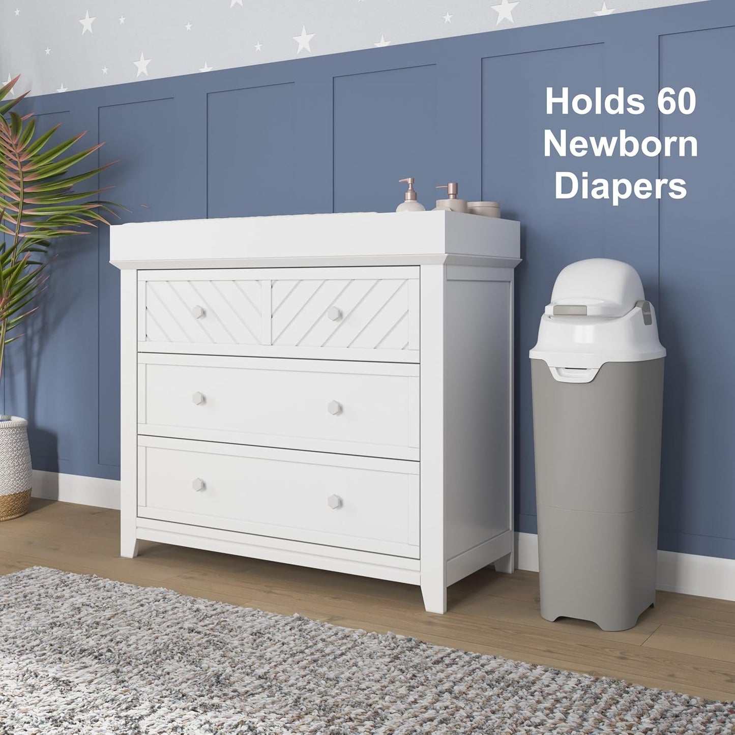 Foundations Tall Diaper Pail with Airtight Lid - Durable & Odorless Diaper Disposal, Large Capacity, Holds up to 60 Newborn Diapers, Refill with Any Bags, Gray (9612057)