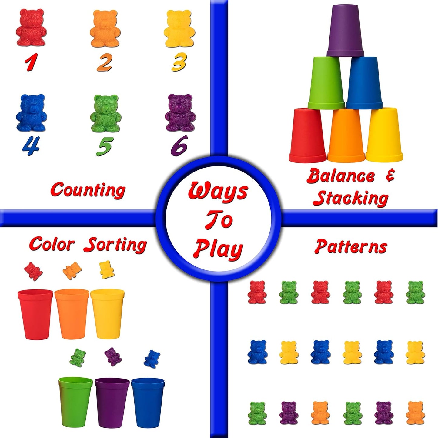Colorful Counting Bears with Matching Cups - 60 Bears - Sort, Count & Color Recognition Learning Toy for Toddler & Kids - Montessori Education - Preschool Game