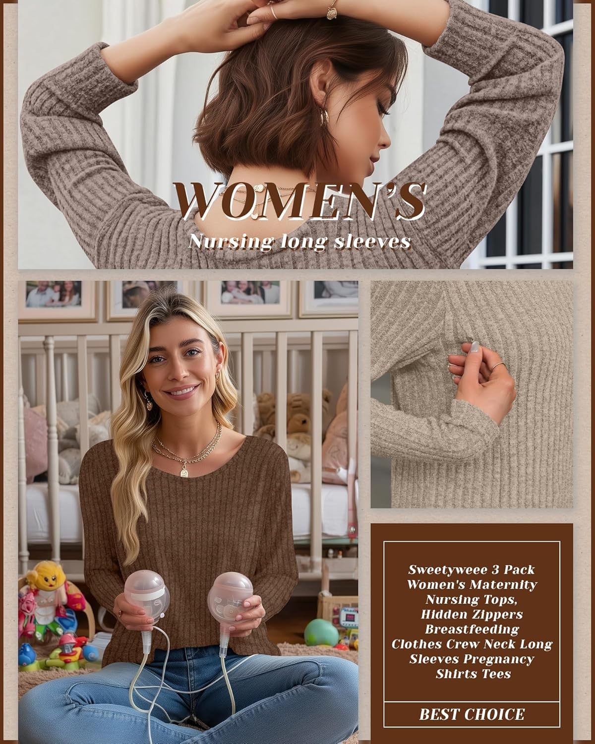 3 Pack Women's Nursing Long Sleeve Tops Breastfeeding Thermal Sweaters with Hidden Zipper Maternity Ribbed Shirts