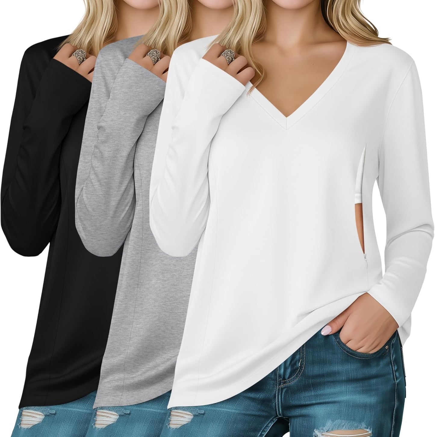 Huukeay 3 Pack Women's Long Sleeve Nursing Tops, Breastfeeding Hidden Zippers Shirts V Neck Maternity Pregnancy Tees Clothes