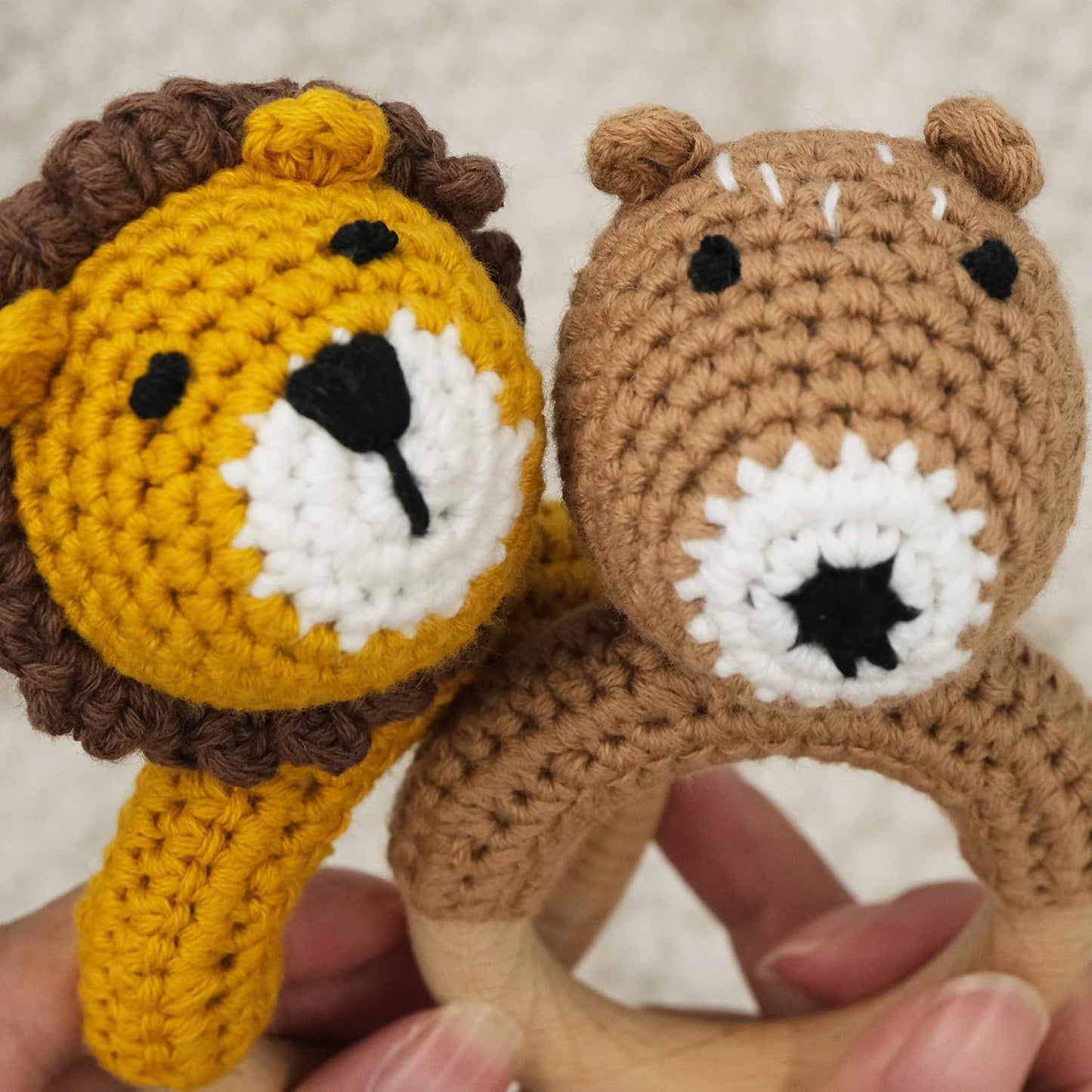 Joliecraft Woodland Friends Baby Rattle Shaker Toy with Wooden Teething Ring for Infants 3 6 9 12 Months Crochet Lion