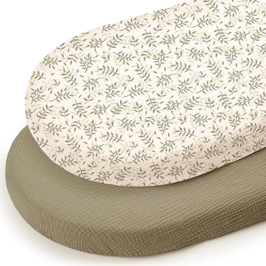 lulumoon Baby Muslin Bassinet Sheets: Skin-Friendly Leaf Bassinet Sheets for Boys - Fitted for Oval Rectangle or Hourglass Mattress