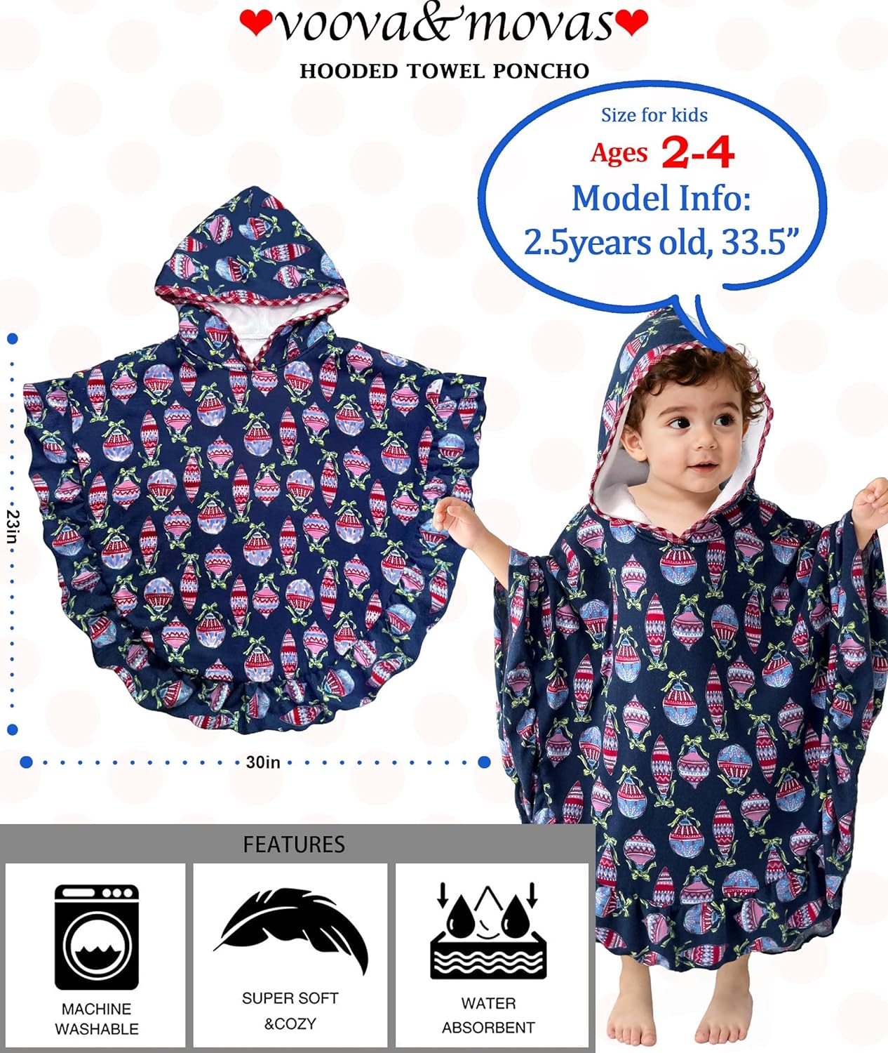 VOOVA & MOVAS Hooded Towel Poncho for Toddler with Ruffle Trim | Soft 100% Cotton | Absorbent Thick Towel for Bath, Swim, Beach & Winter | Cozy, Christmas Lamp