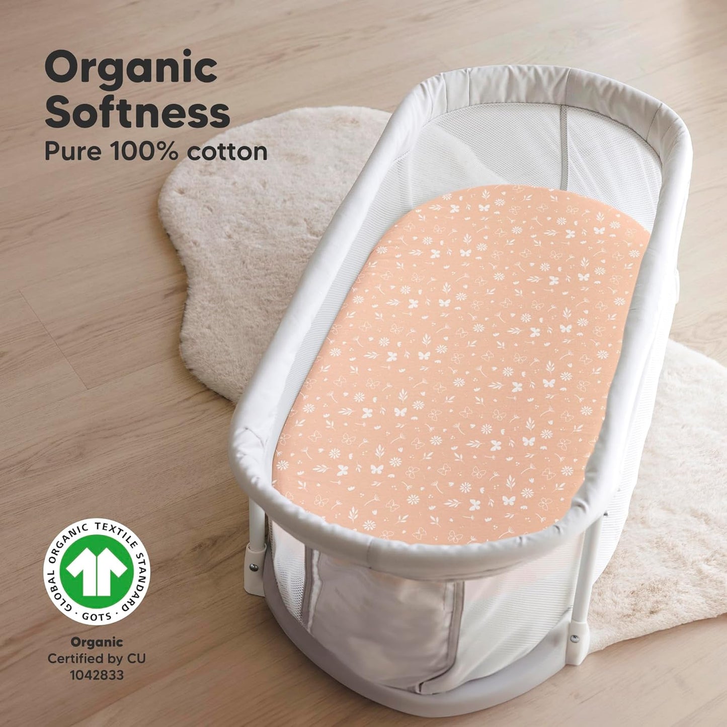 2-Pack Organic Bassinet Sheets for Girls, Boys - 100% Cotton Bassinet Mattress Sheets Compatible with Halo Bassinest Swivel Sleeper, Graco, Baby Delight, Chicco, Fitted Bassinet Sheets (Butterflies)