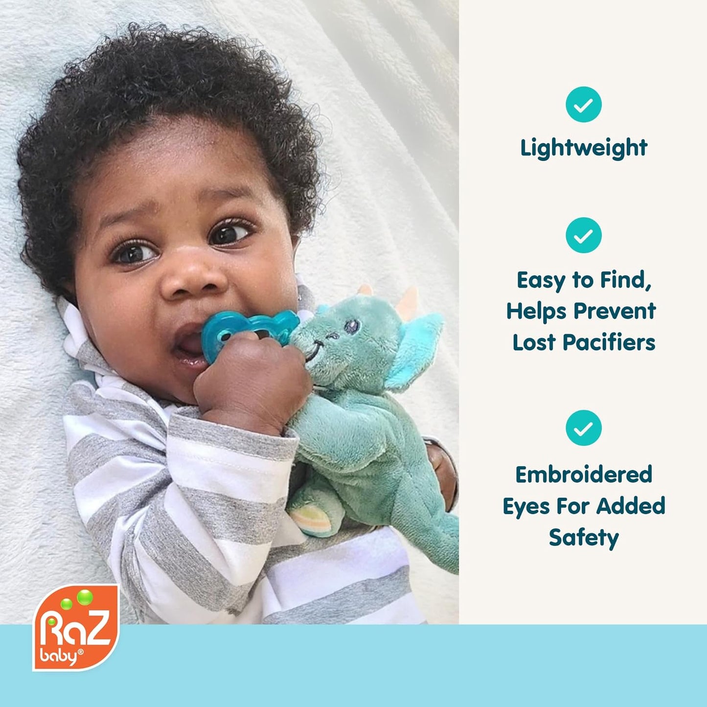 RaZbaby JollyPop Pacifier, Holder with Detachable Baby Pacifier, Stuffed Animal RaZbuddy, All Ages 0M+, 100% Medical Grade USA Made Silicone, Machine Washable, Textured & Easy to Hold – Bunny