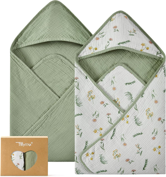 TILLYOU Muslin Hooded Baby Towels for Newborn 2 Pack, 32x32Inch Soft Baby Bath Towel Highly Absorbent for Newborn and Infant, Essential for Newborn Care, Daisy