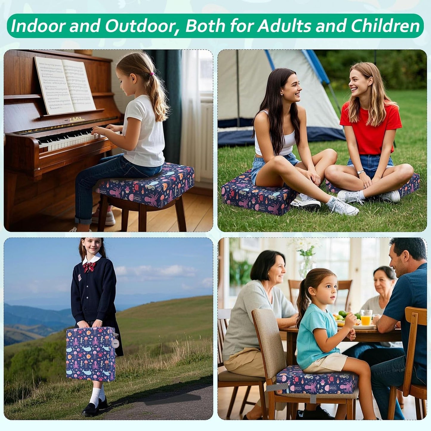 Zicac Portable Toddler Booster Seat for Dining Table, Safer Non-Slip Kids Booster Seat with Double Adjustable Straps, Washable Detachable Strong Support Increasing Cushion for Child (Purple Octopus)