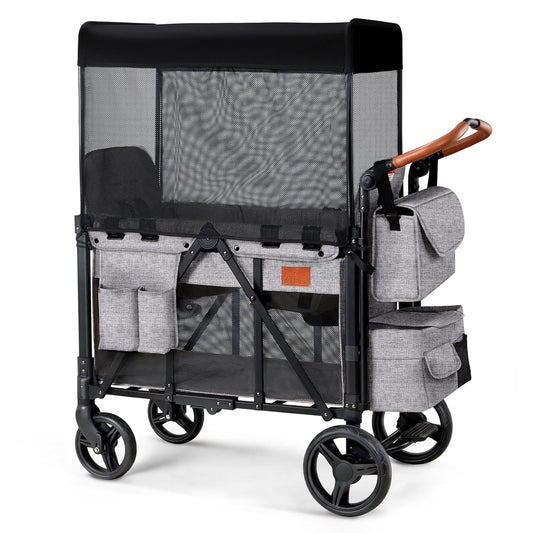 Wagon Stroller for 2 Kids, High Seat & 5 Point Harness, Foldable All-Terrain Wagon for Toddler with Canopy, Parent Organizer, Shoulder Bag, Adjustable Handlebar, Ultimate Double (Gray)