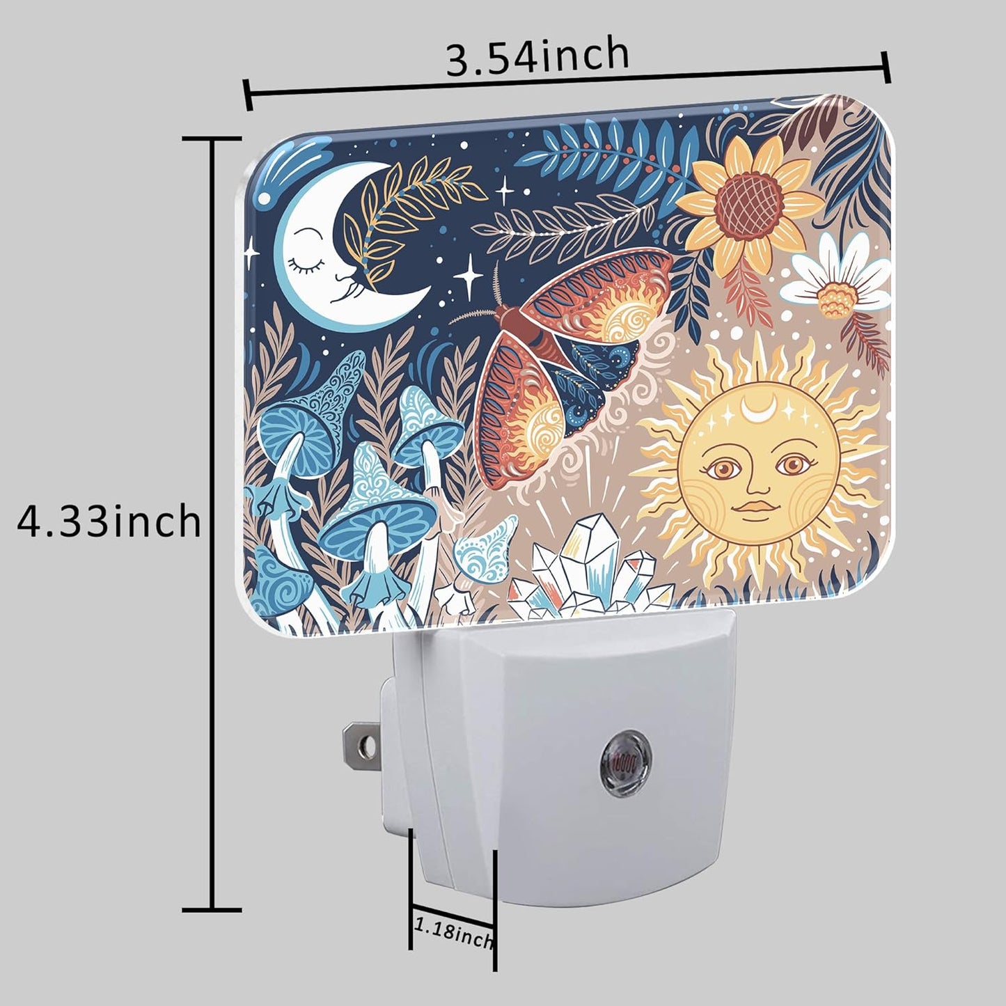 Boho Moth Mushroom Night Light for Kids, Sun and Moon With Faces LED Night Light Plug into Wall with Dusk to Dawn Sensor for Girls Boys Women Men Room, Hallway, Kitchen, Bathroom, Stairs Decor