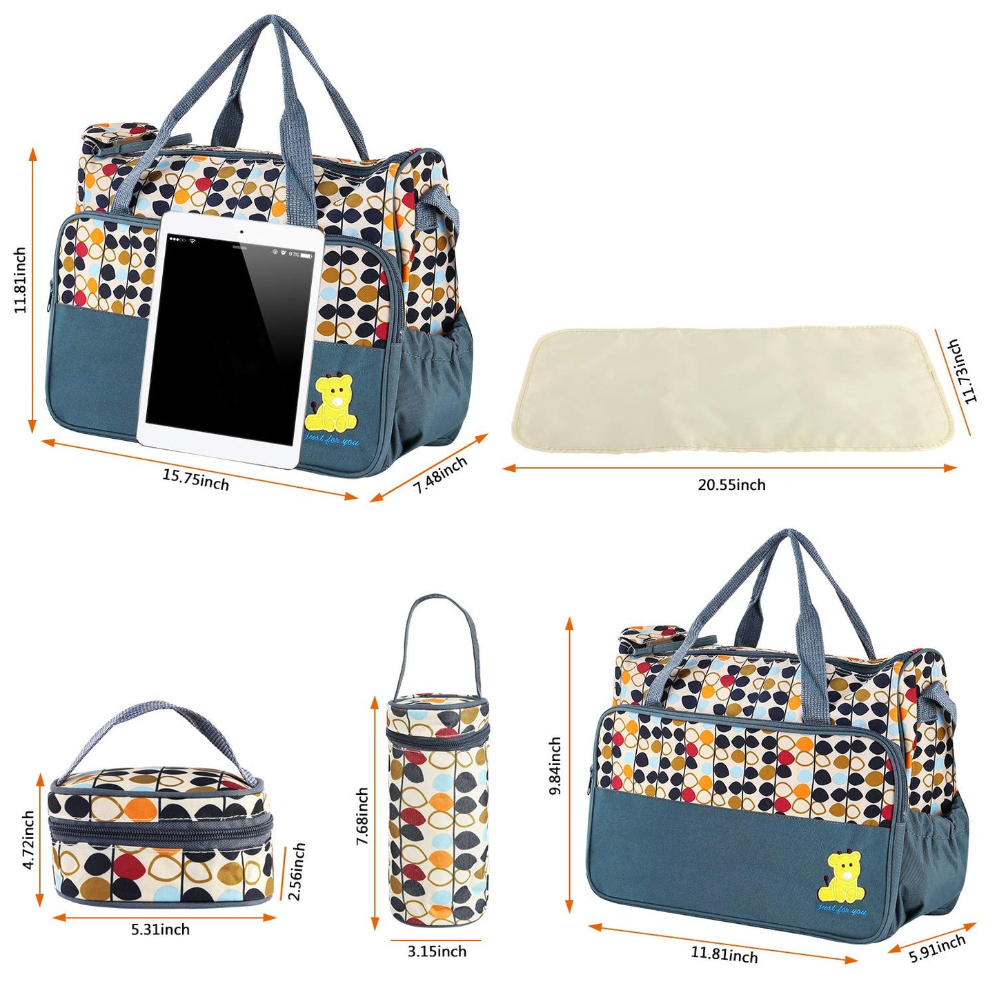 5PCS Diaper Bag Tote Set for Baby Essentials – Large Baby Bags for Mom, Waterproof Maternity Bags with Bottle Bag, Food Bag & Changing Pad (Gray)