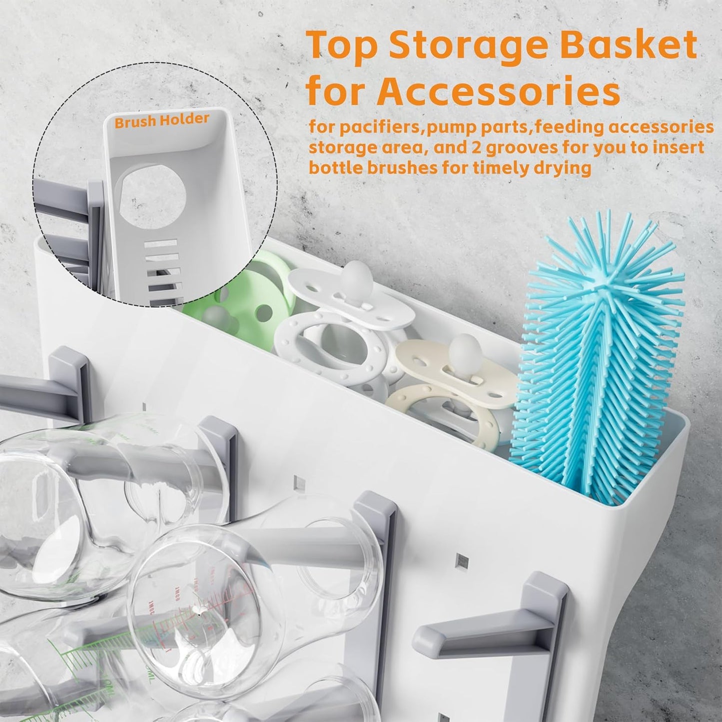 SuoXing Vertical Baby Bottle Drying Rack,Space Saving Countertop Baby Drying Rack for Bottles,Large Baby Bottle Station Stand,Bottle Rack Dryer for Brushes,Pacifiers,Baby Accessories Organizer,Grey