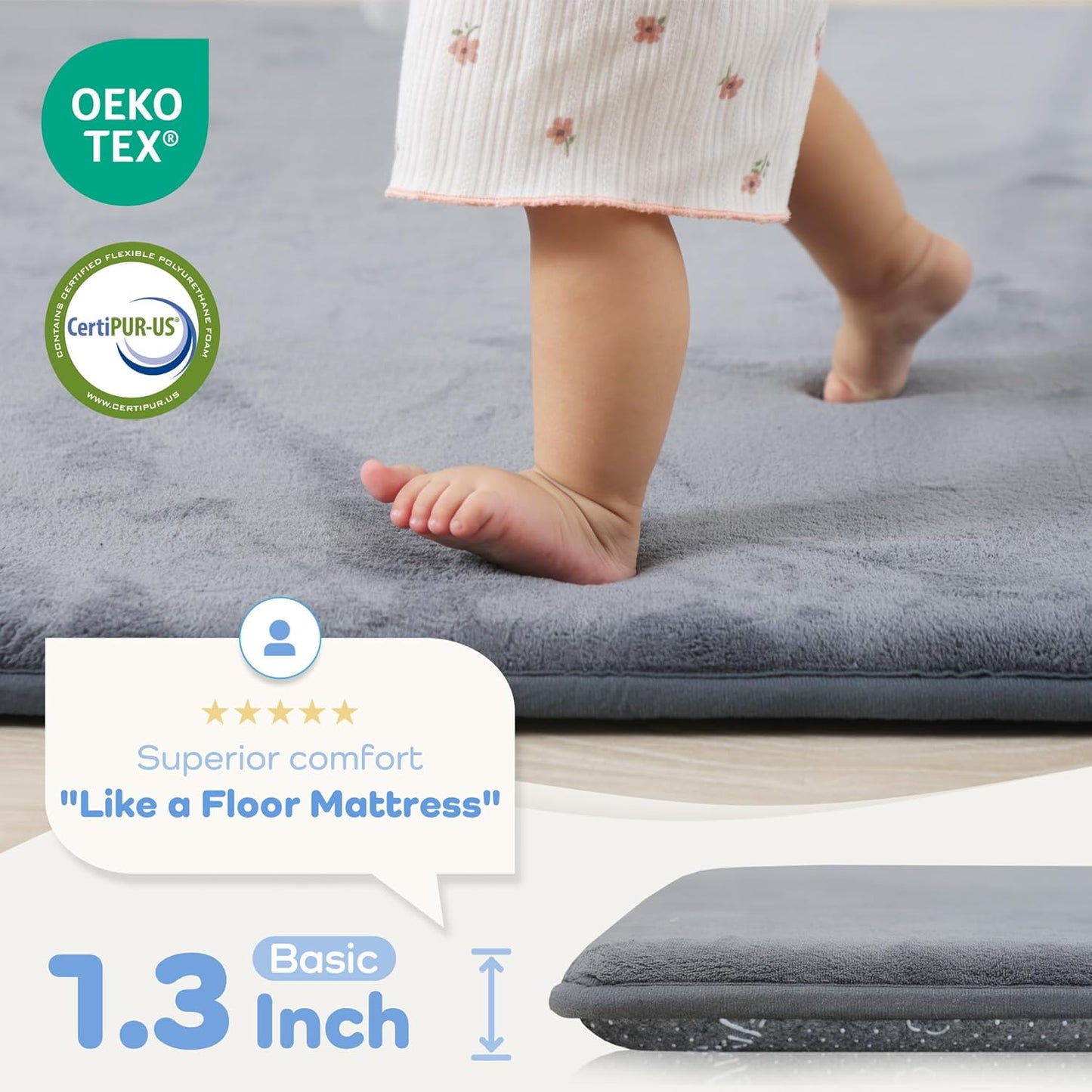 1.3" Thick Baby Floor Play Mat 79x158, Basic Padded Foam Mat for Tummy Time Crawling, Non Slip Cushioned for Babies Toddlers Infants Kids (Dark Grey)
