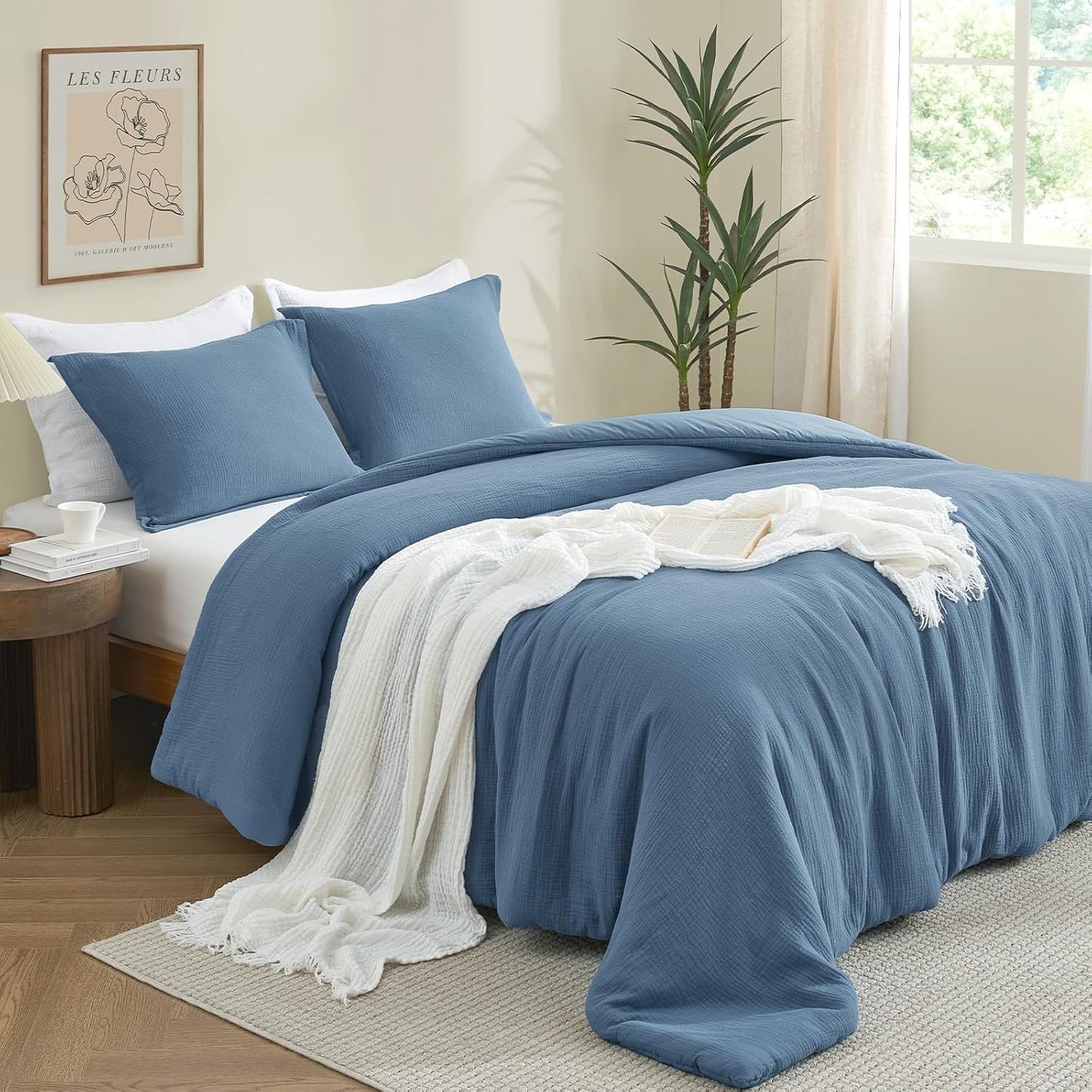 PHF Cotton Muslin Comforter Set Queen Size – Ultra Soft, Breathable & Lightweight Bedding Set for All Seasons, 3 Pieces - 1 Comfy Comforter 90"x90", 2 Pillow Shams 20"x26", Captain's Blue