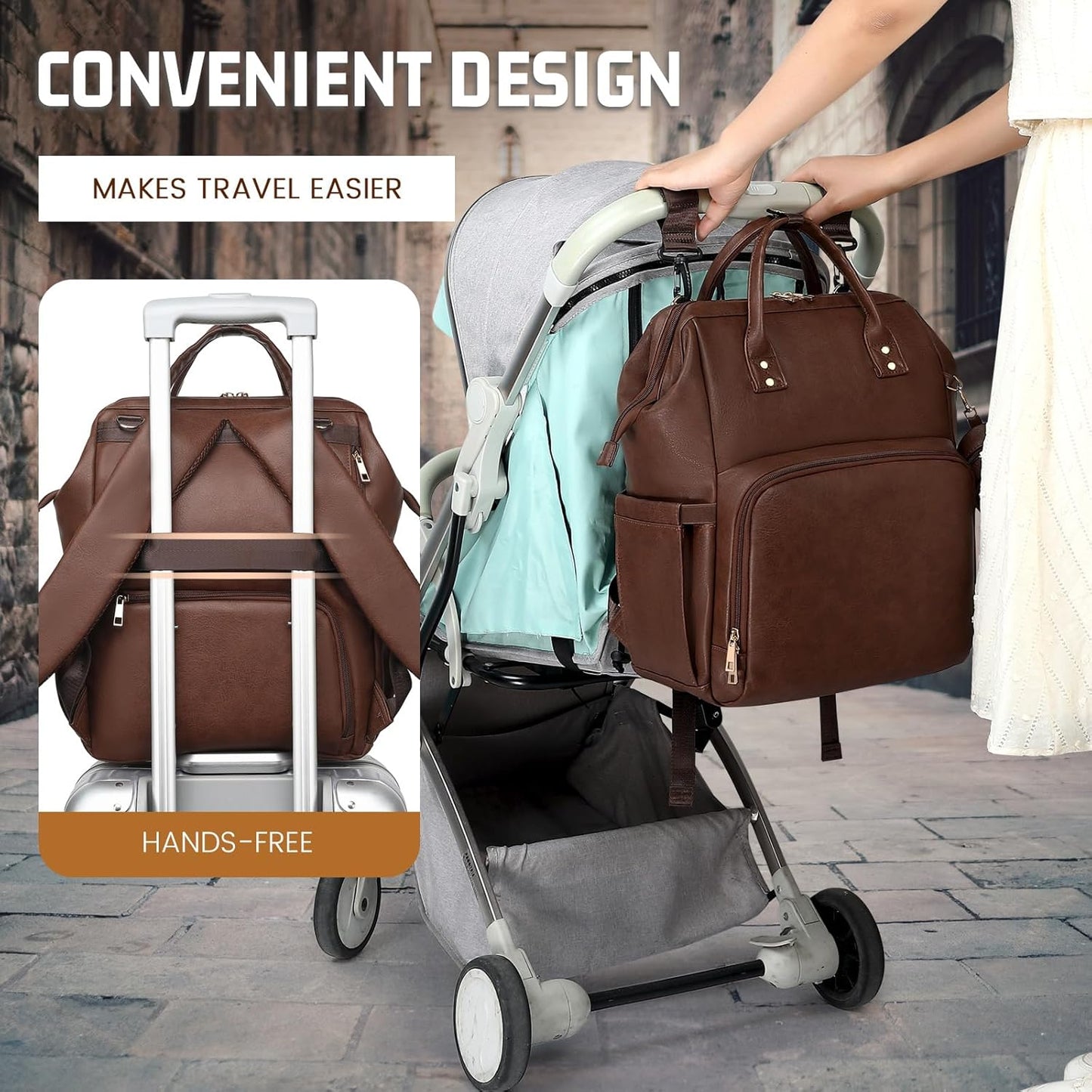 Premium Vegan Leather Diaper Bag Backpack with Waterproof Changing Pad – Reinforced Stitching & Zippers, Baby Bag for Boy Girl, Stroller Straps, Fits 15.6" Laptop for Work Moms, Dark Brown
