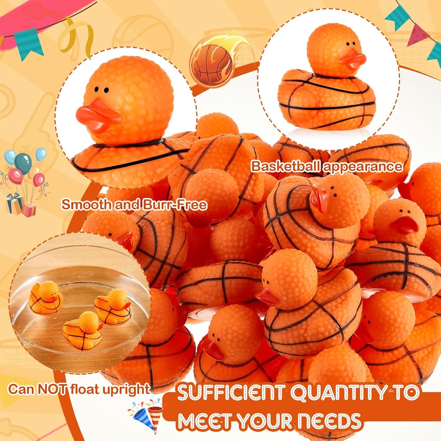 Deekin 50 Pcs Rubber Duck 2 Inch Bulk Sport Party Favors for Birthday Party Decorations Club Player Gift (Basketball)