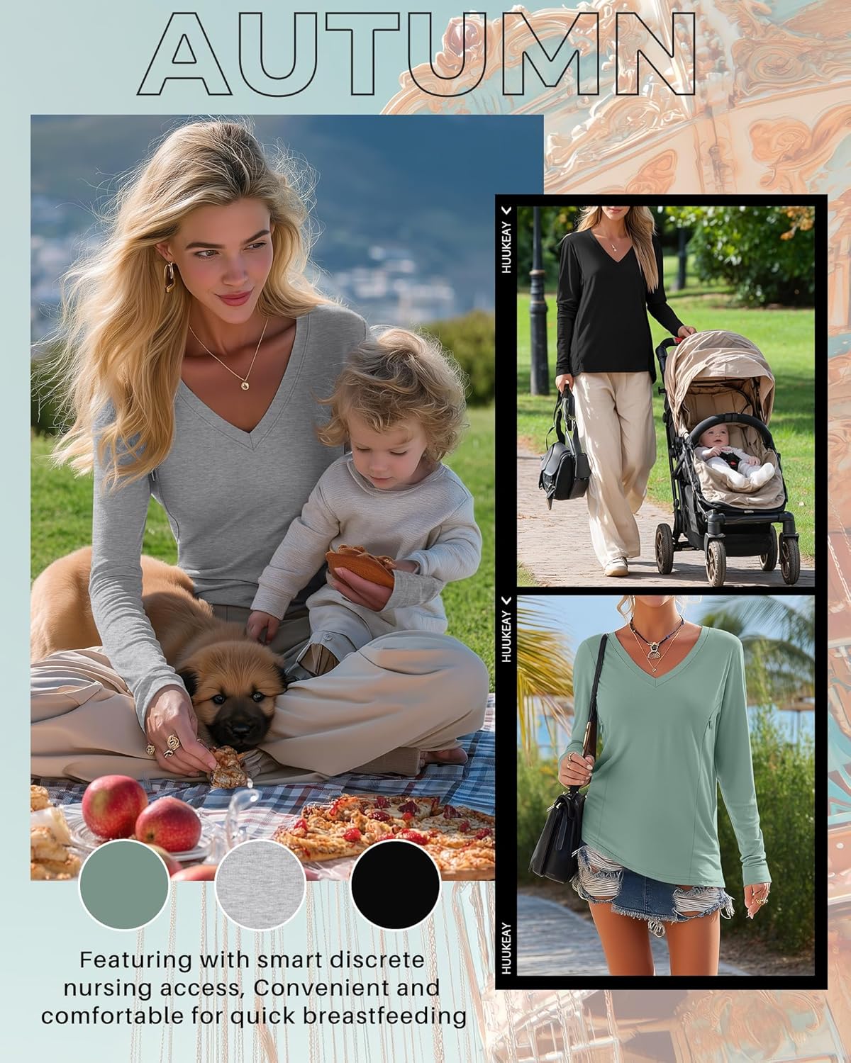 Huukeay 3 Pack Women's Long Sleeve Nursing Tops, Breastfeeding Hidden Zippers Shirts V Neck Maternity Pregnancy Tees Clothes