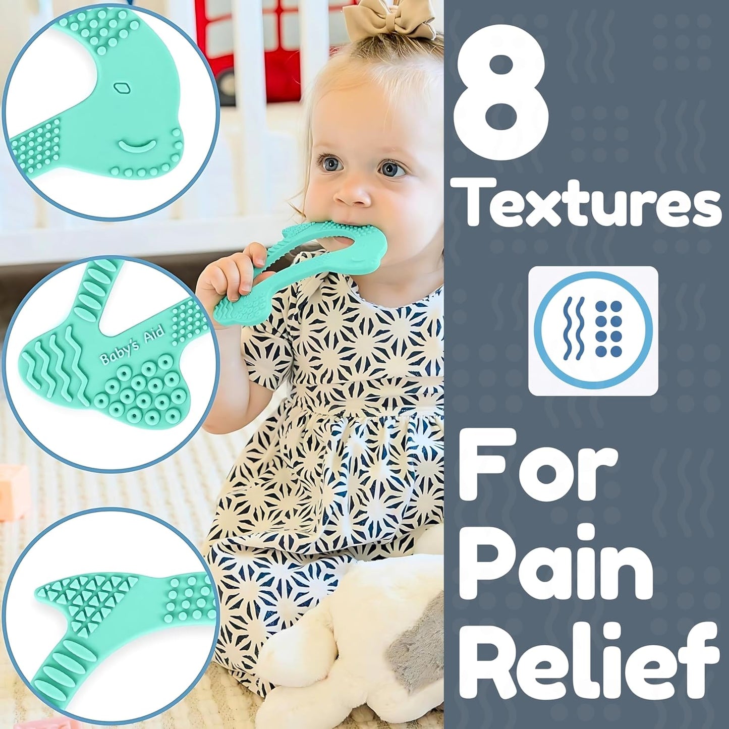 Silicone Baby Teether - Dolphin | 8 Teething Relief Textures, 100% Food-Grade, Easy to Hold & BPA Free Silicone Teethers for Babies, Baby Teething Toys, Soft Chew Toy for Babies Ages 3M+ - Baby’s Aid