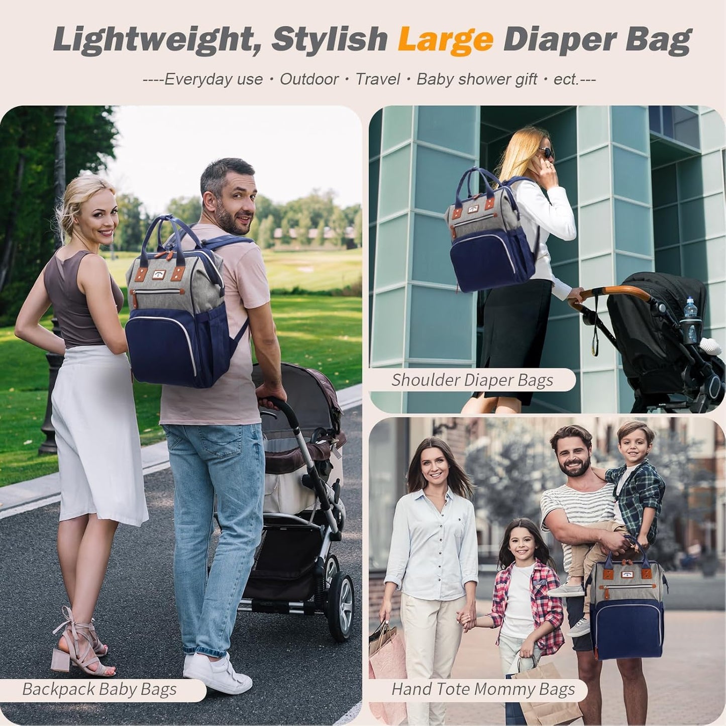 Diaper Bag Backpack: Tote Baby Bag for Boy and Girl, Large Mommy Bag Insulated Pockets Charger Holes for Men and Women, Nappy Bag for Baby Airplane Traveing Blue Grey