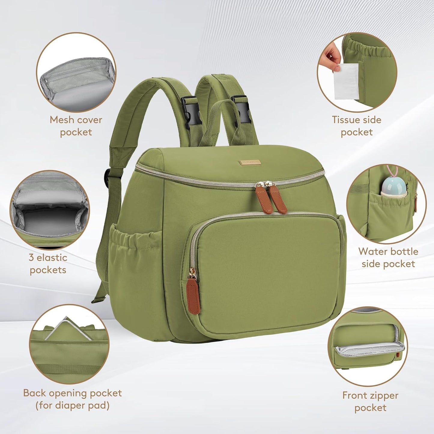 Small Diaper Bag Backpack, Lightweight Baby Bag for Moms and Dads, Compact Travel Diaper Backpack with Stroller Straps & Changing Pad, Waterproof & Stylish Baby Bag for Everyday Essentials - GREEN