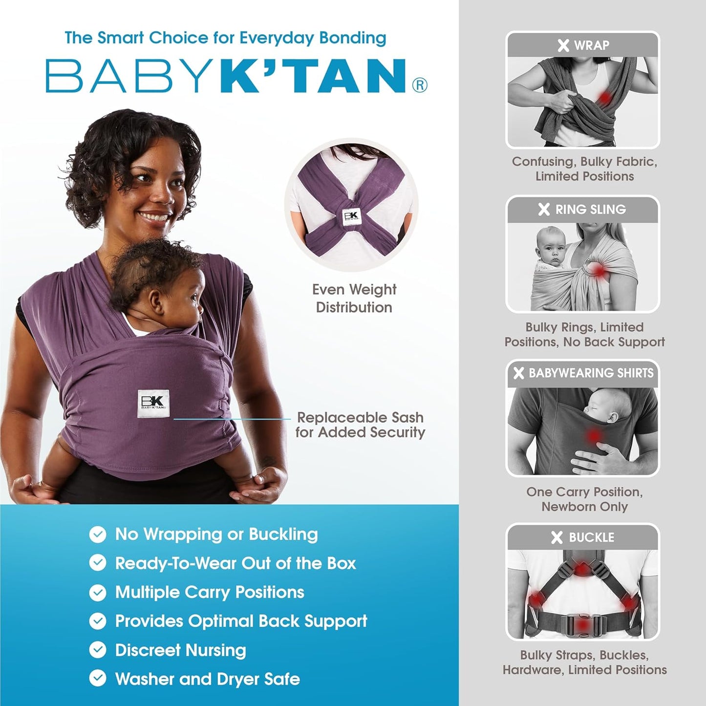 Original Baby K'tan Baby Carrier: #1 Easy Pre-Wrapped, Soft, Slip-On, No Rings, No Buckles | 5 in 1 Baby Sling Gift | The Best Hands Free Infant Wrap | Eggplant | X-Small