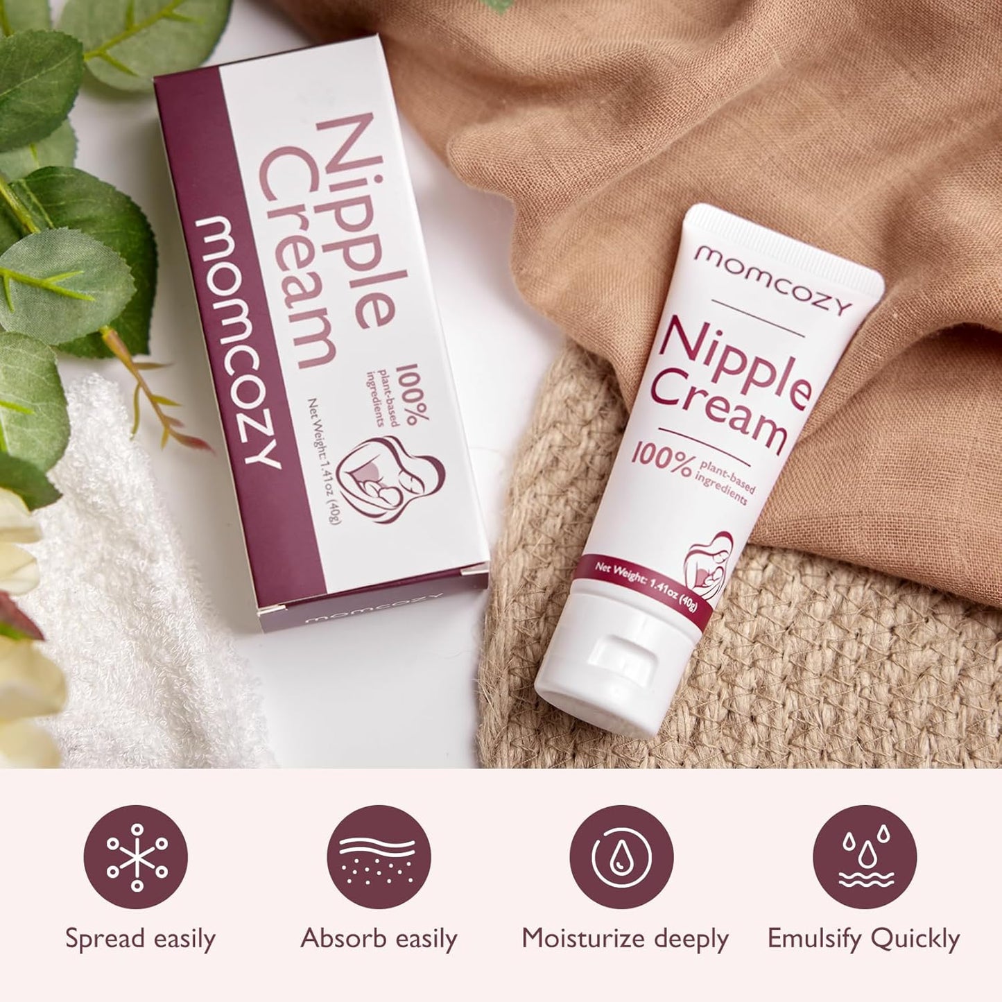 Momcozy Nipple Cream Safe for Breastfeeding, Plant-Based Ingredients, Lanolin-Free Nipple Balm, Soothing Cream, Breastfeeding Essentials for Nursing & Pumping Moms, 1.41 oz