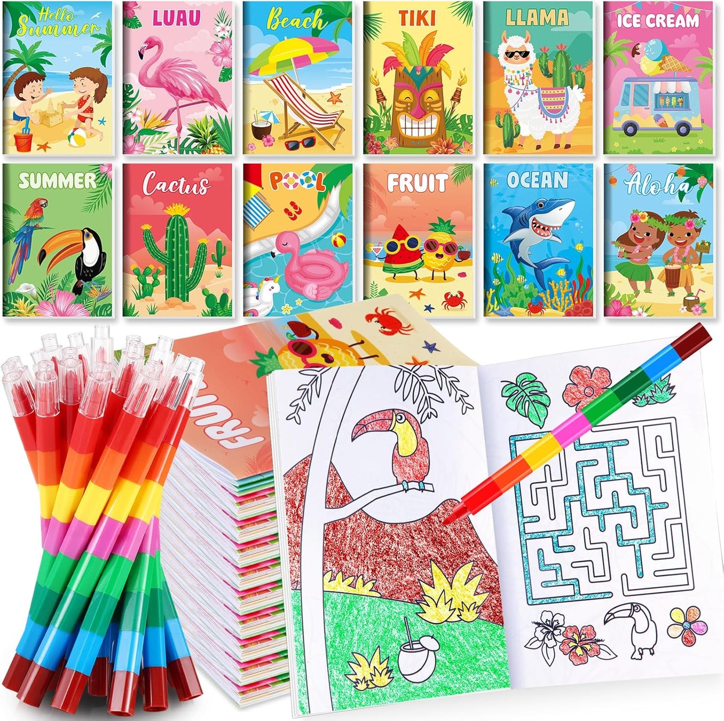 BenLouis 12 Summer Mini Coloring Books Kids with 12 Stacking Crayons Pool Beach Party Favors Small Activity Books Bulk for Kids Summer Birthday Party Gift Goodie Bag Stuffers