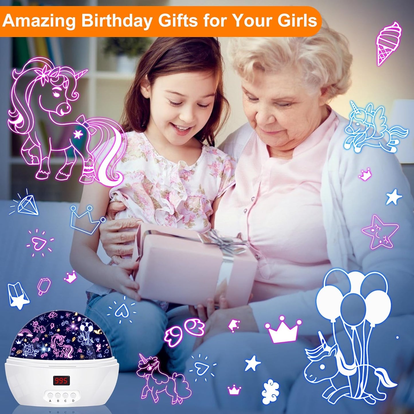 Unicorn Projector Night Light for Girls, Star Lights Projector for Ceiling Kids Bedroom Decor Gifts for 3-6 Year Old Girl Night Light Projector with Timer, Christmas Birthday Gift for Girls
