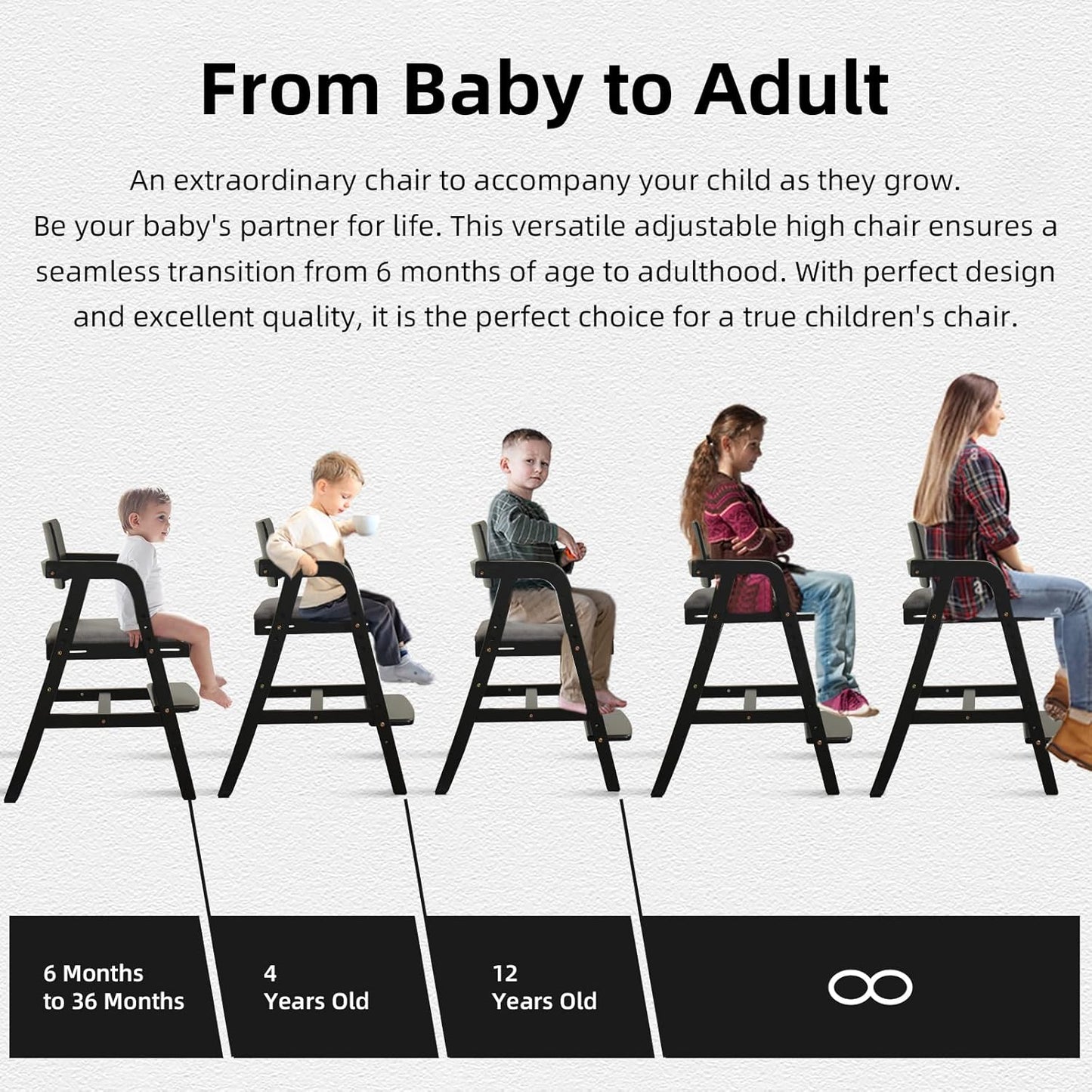 Solid Wood High Chair for Toddlers, Baby Highchair, Adjustable HighChair for Babies/Toddlers with Removable Cushion, Children Kids DiningChair, Teens Study Chair with Steps (Black)