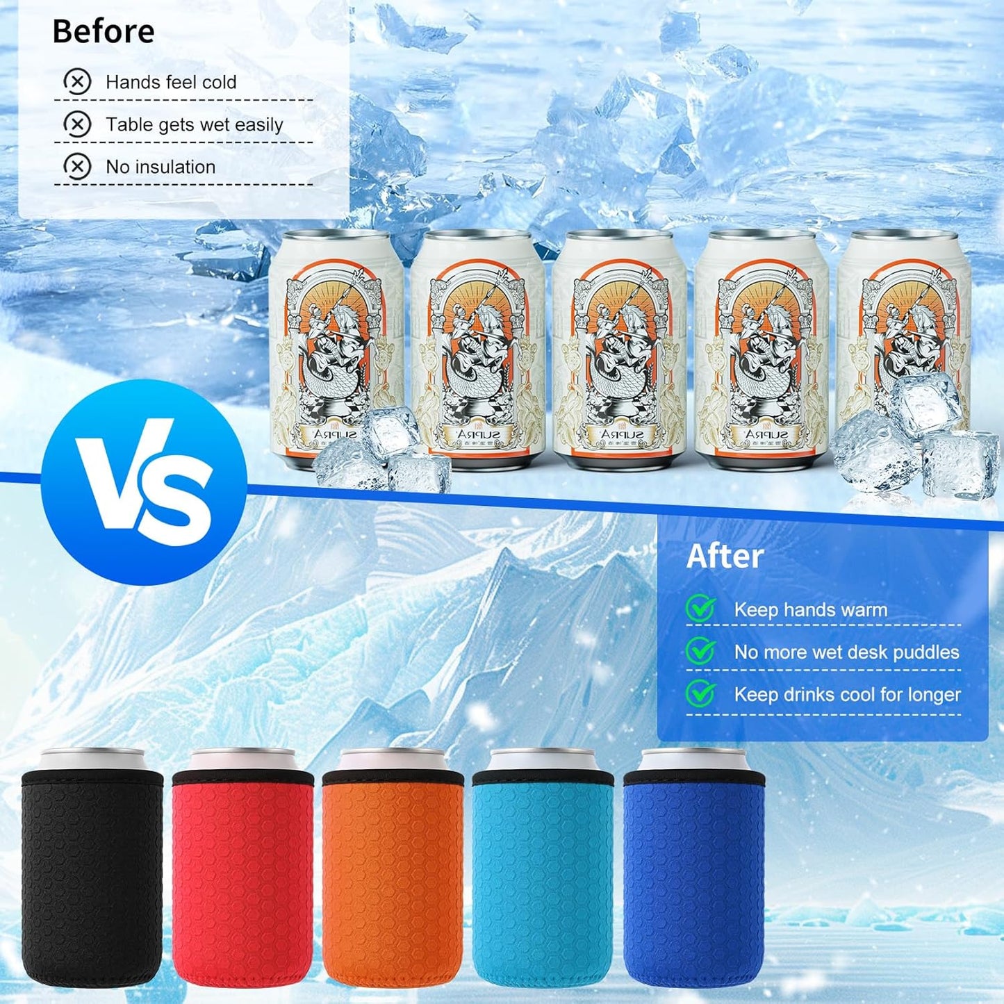 5 Pcs Insulated Can Sleeve, Reusable Can Cooler Sleeves, Non-slip Neoprene Beer Bottle Cover Holder for 12oz Standard Can Soda and Beer (Hexagon pattern)