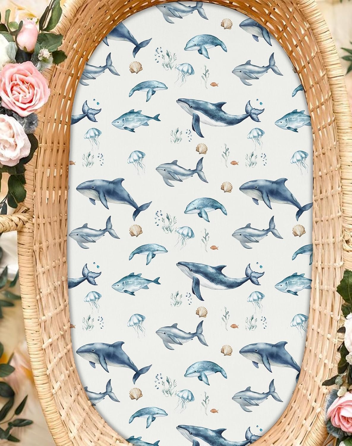 Bassinet Sheets for Baby Girls Boys 2 Pack, Fitted Baby Mattress Sheet for Rectangle, Oval, Hourglass Bassinet Mattress, Breathable Cozy & Universal Fit (Aquatic Adventures)