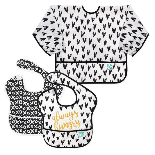 Bumkins - SuperBibs + Sleeved Bib - For Boys & Girls, Babies & Toddlers 6-24 Months - Lightweight, Durable, Waterproof - Catch-All Pocket - Wipeable & Machine Washable - Black Hearts on White - 3 Pack