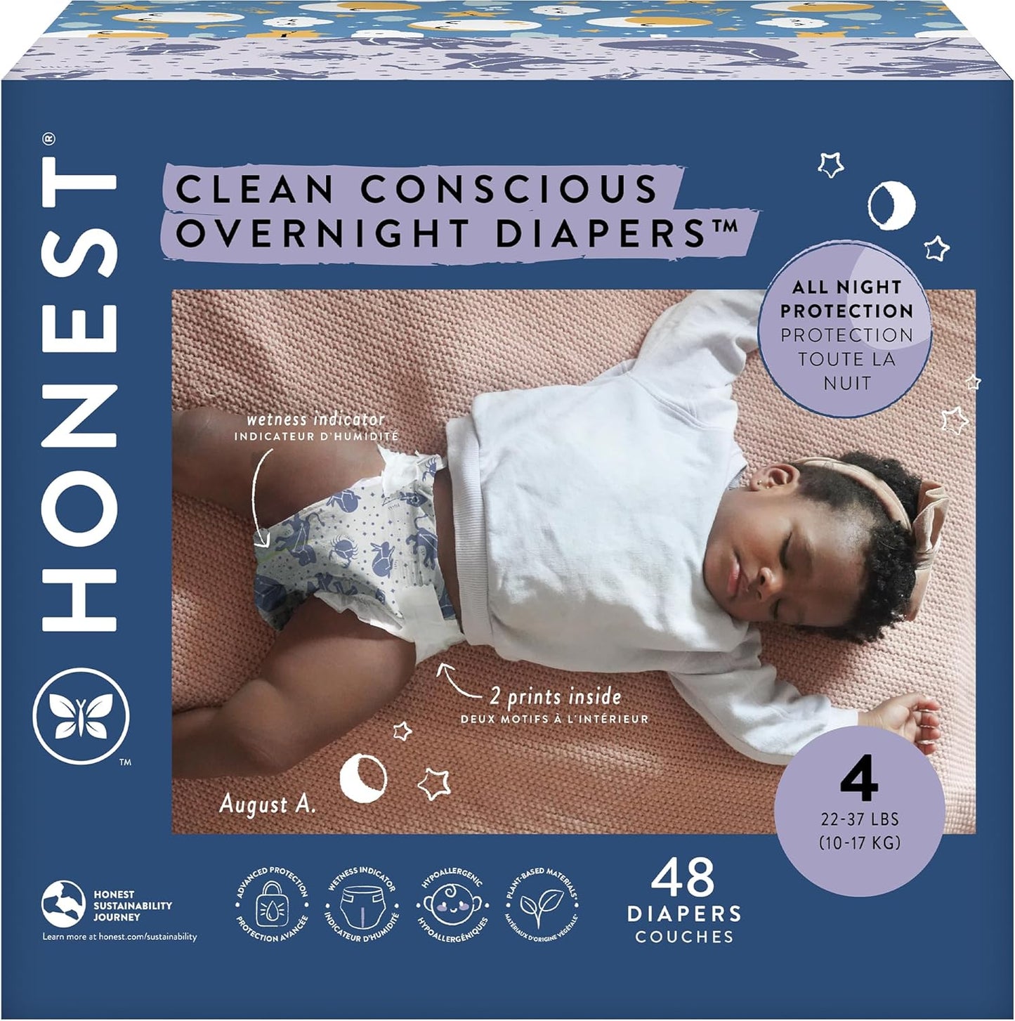 The Honest Company Clean Conscious Overnight Diapers for Sensitive Skin, Hypoallergenic Fragrance-Free Baby Diapers, Cozy Cloud and Star Signs Design, Club Box, Size 4 (22–37 lbs), 48 Count