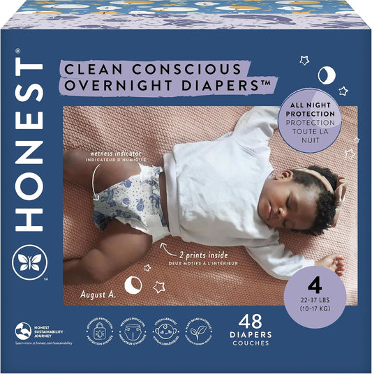 The Honest Company Clean Conscious Overnight Diapers for Sensitive Skin, Hypoallergenic Fragrance-Free Baby Diapers, Cozy Cloud and Star Signs Design, Club Box, Size 4 (22–37 lbs), 48 Count