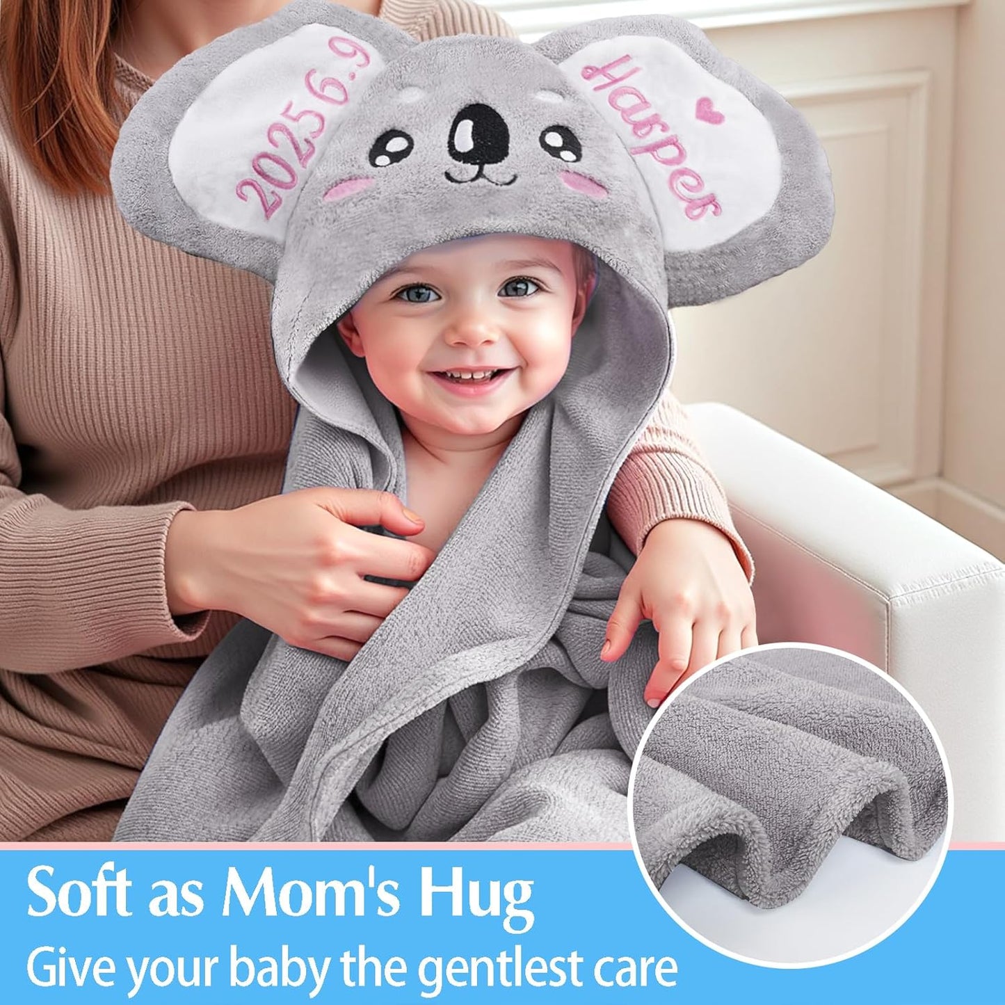 Custom Hooded Bath Towel with Name, Personalized Highly Absorbent Bunny Towels, Baby Bath Towels for Girls Boys, Brithday for Baby, Toddler, Newborn (Koala-Grey)