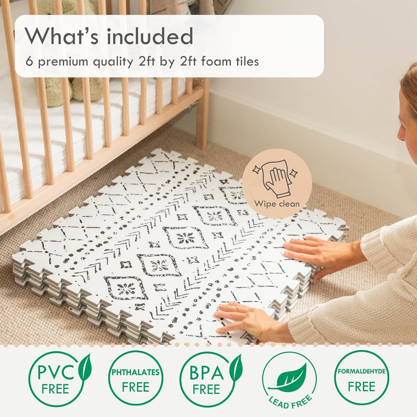 Lillefolk Baby Play Mat for Floor – 4x6ft Boho | Soft Non Toxic Premium EVA Foam Tiles for Tummy Time, Crawling & Playroom – Waterproof Interlocking Floor Mat for Babies & Toddlers (6 Tiles)