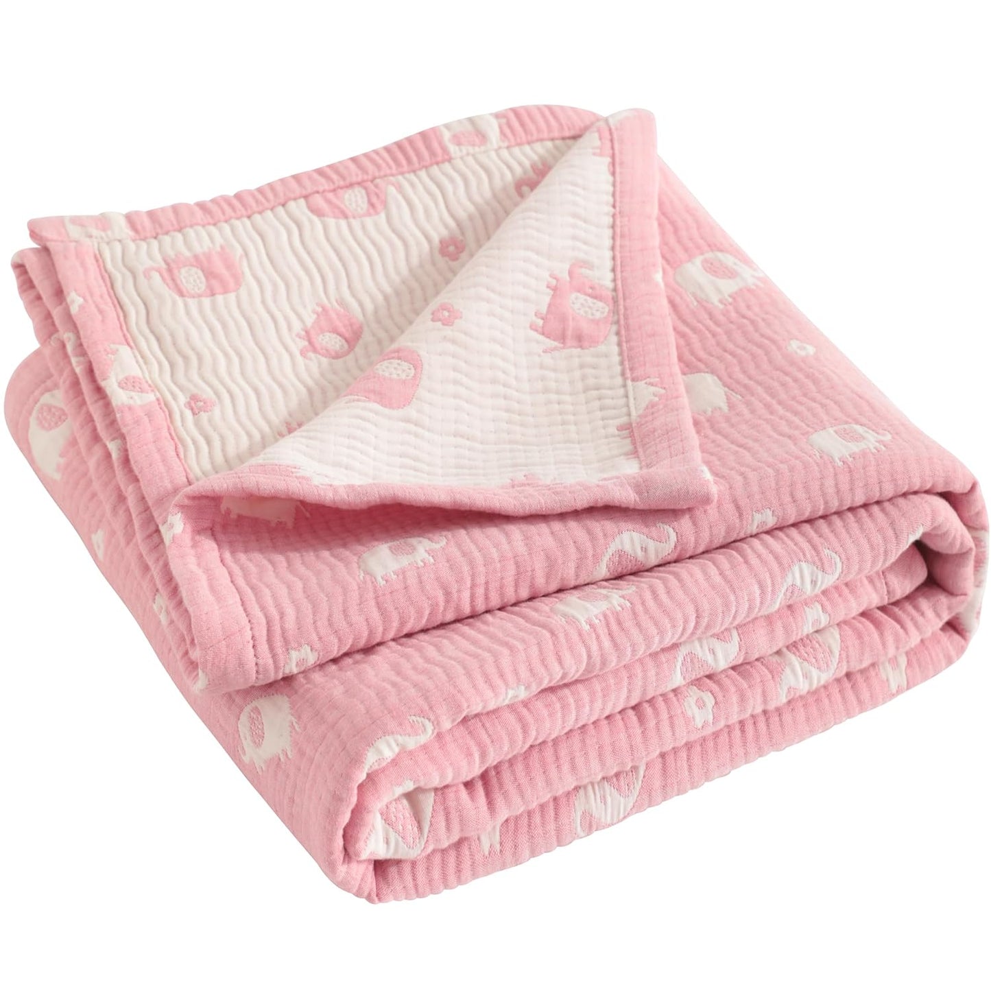 NTBAY 3 Layer Muslin Cotton Toddler Blanket, Jacquard Reversible Nursery Bed Blanket, Super Soft and Thermal for All Seasons, Decoration Gift, 30"x40", Pink Elephant