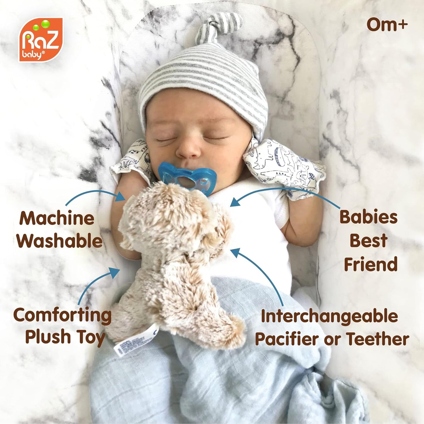 RaZbaby Penguin RaZbuddy w/RaZberry Teething Relief Pacifier – Soothes Sore Gums w/Nature-Inspired Texture, 100% BPA-Free Silicone Teether, Detachable Stuffed Animal – 3 Months+ Teether, Blue