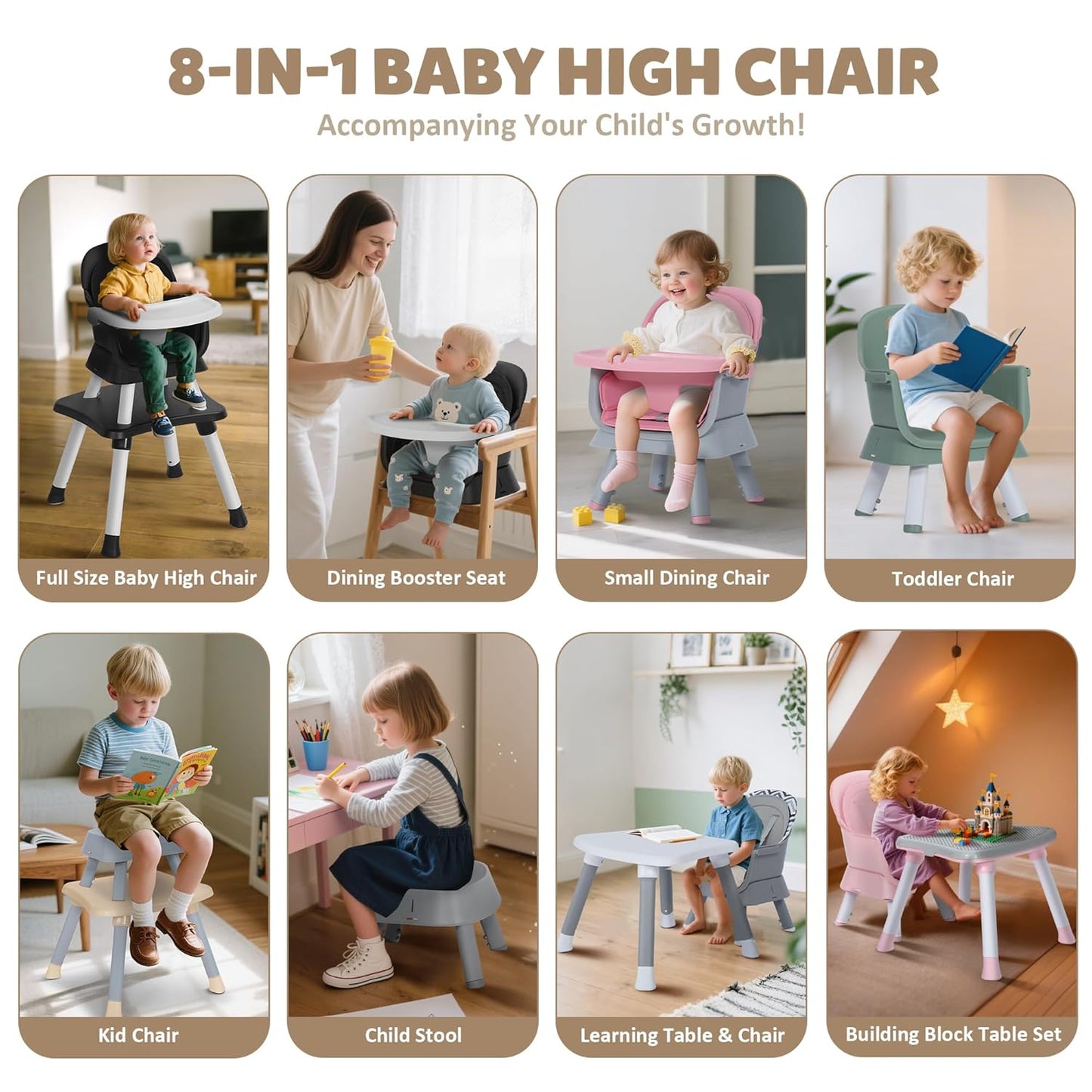 Baby High Chair, 8 in 1 Convertible Highchairs for Babies and Toddlers, Children Dining Booster Seat/Kids Building Block Table for Girls Boys, Baby Seat with Removable Tray, Black