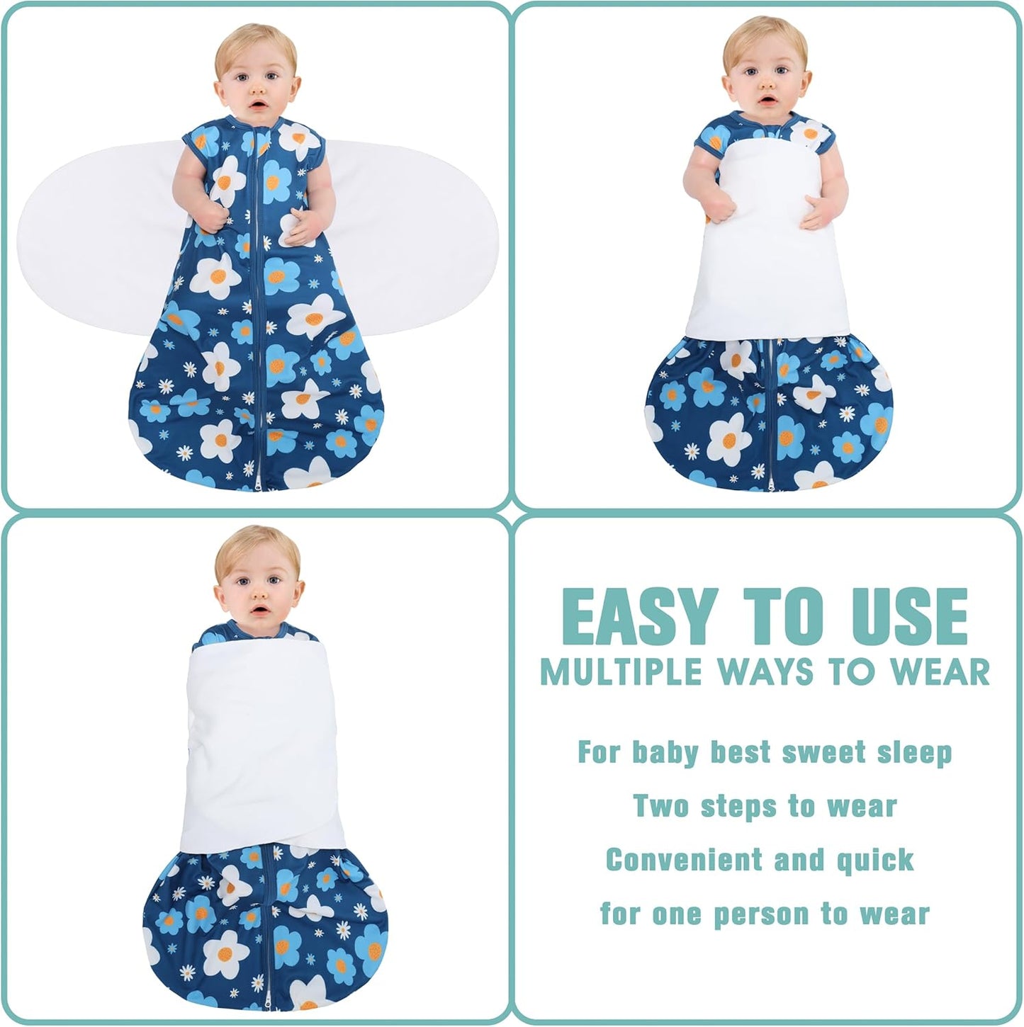 Newborn Sleep Sack Baby Swaddle,3-Way Adjustable Wearable Blanket,100% Rayon Cotton Swaddling Sleeping Bag，TOG 0.5 (Gerbera & Tulips, 3-6 Months)