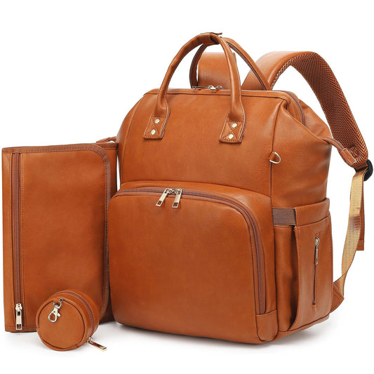 Premium Vegan Leather Diaper Bag Backpack with Waterproof Changing Pad – Reinforced Stitching & Zippers, Baby Bag for Boy Girl, Stroller Straps, Ergonomic Design for Traveling Moms, Brown