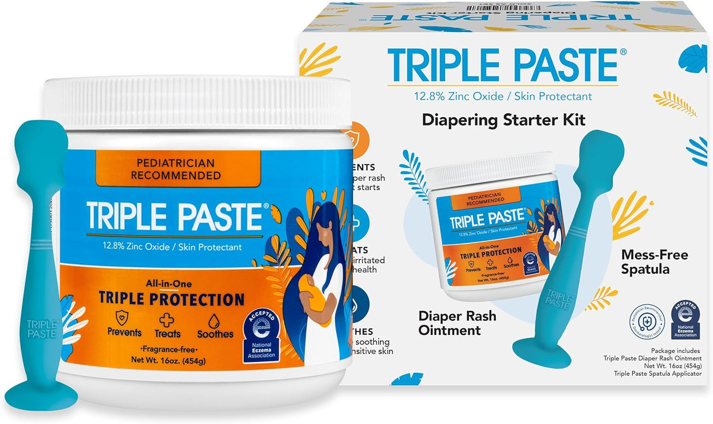 Triple Paste Diaper Rash Cream and Spatula Bundle - 16 oz Zinc Oxide Ointment and Spatula Treatment, Soothe and Prevent Rash with a Pediatrician-Recommended Hypoallergenic Formula